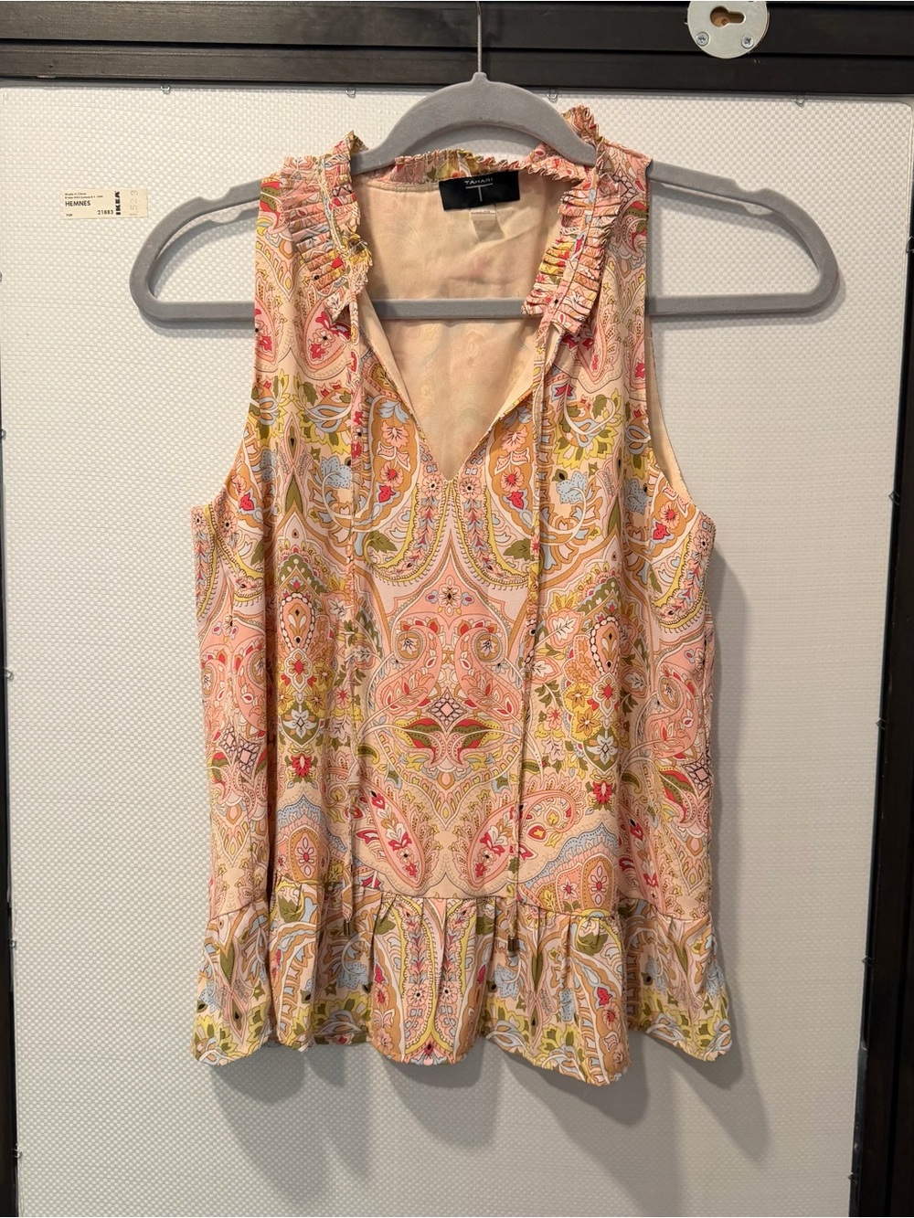 Tahari Light Pink Paisley Ruffle Neck Sleeveless Top